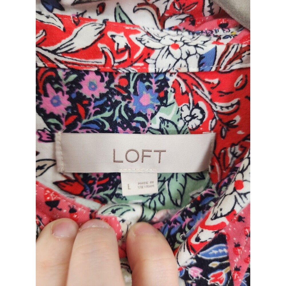 LOFT Womens Shirt Large L Red Pink Patchwork Floral Button Up Long Sleeve - Picture 6 of 7